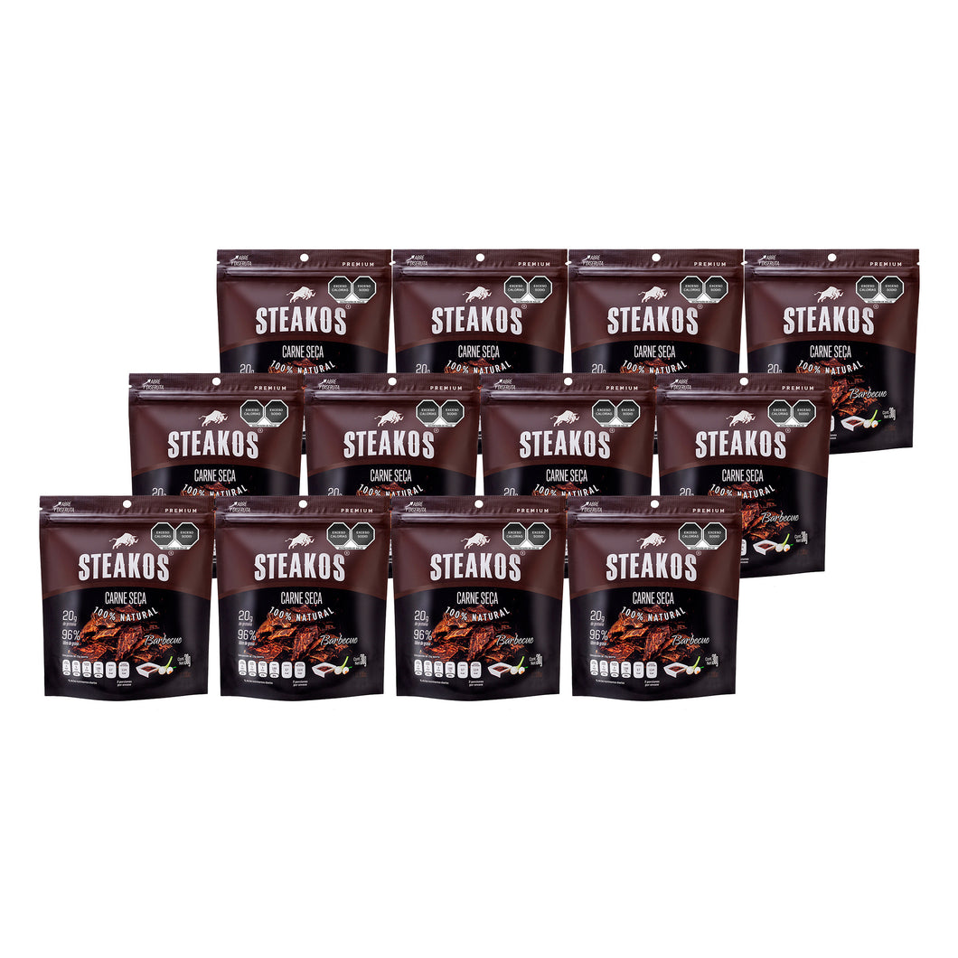 Carne seca Steakos, Sabor BBQ, 30g (12 piezas)