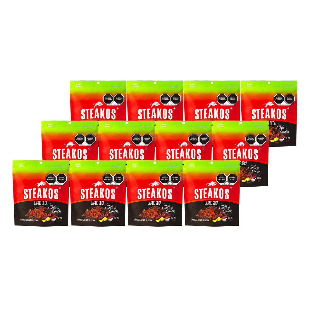 Carne seca Steakos, Sabor Chile Limón, 25g (12 piezas)